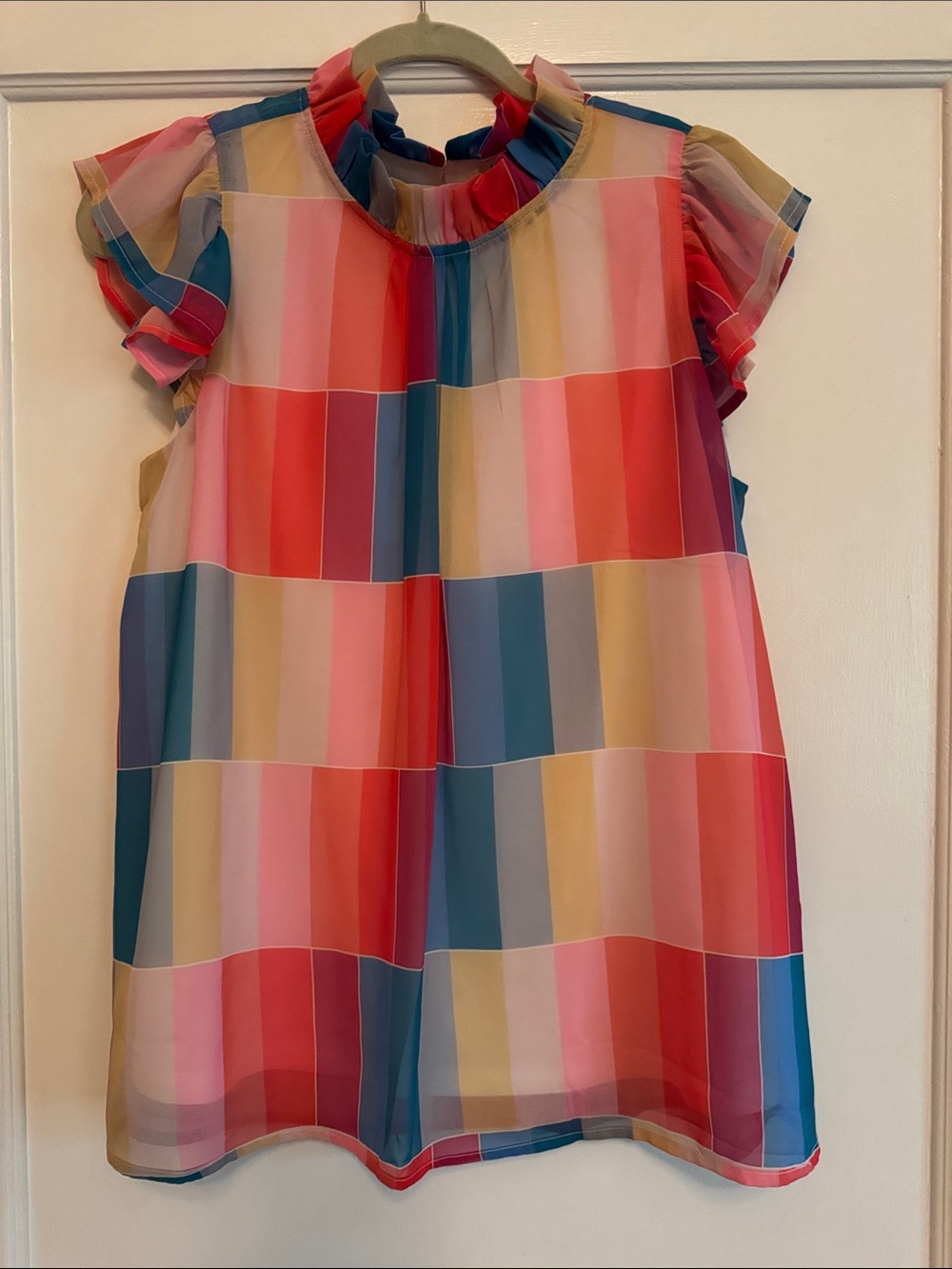 JODIFL Multicolor Striped Ruffle Neck Blouse - Pink, Blue, Yellow, Coral